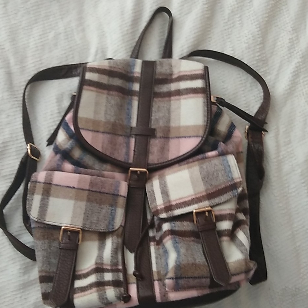 Under one sky pink plaid drawstring backpack